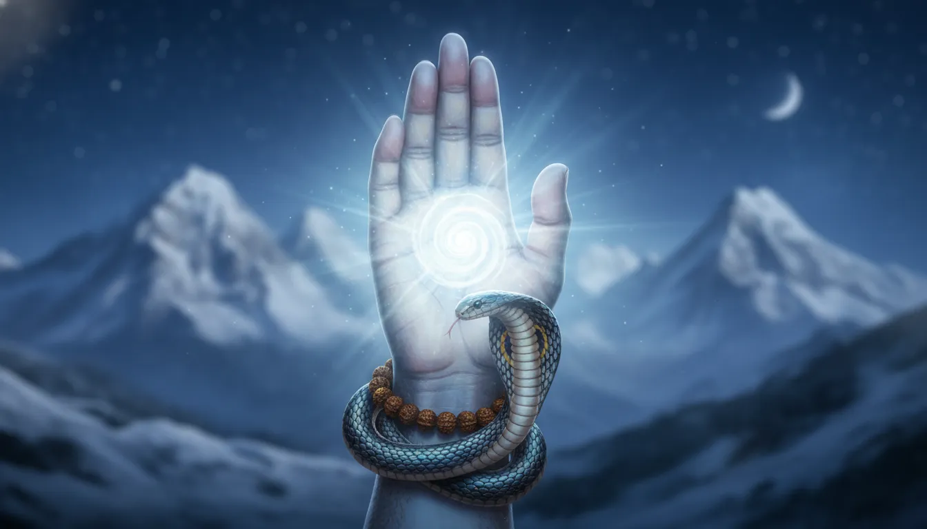 Close-up of Lord Shiva's hand in blessing gesture with glowing energy.