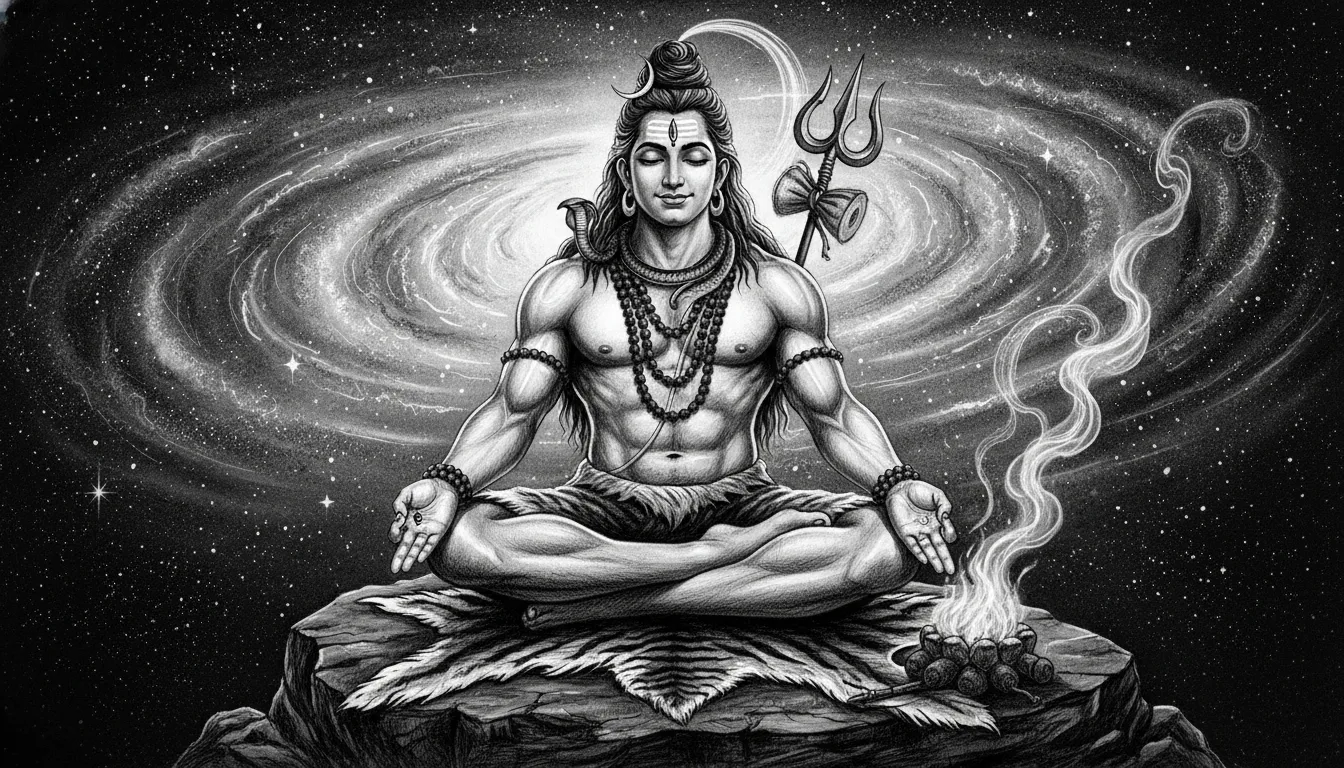Lord Shiva calm sitting pose with beads and trident black and white