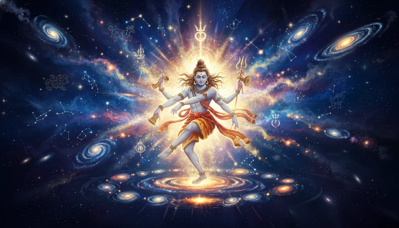 Mahadev dancing the Tandav surrounded by stars, galaxies, and cosmic nebulae in deep space.