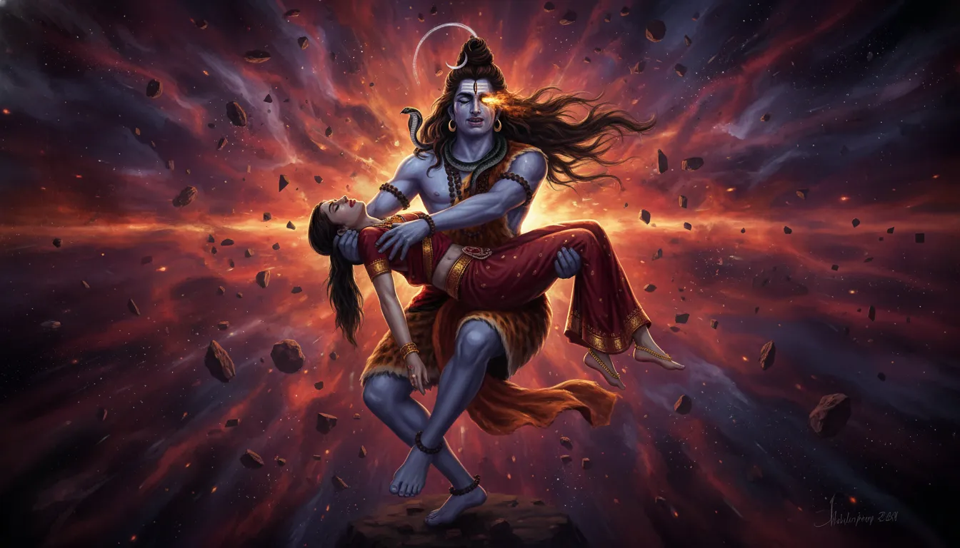 Lord Shiva performing the sorrowful Rudra Tandav carrying Mata Sati against a cosmic background