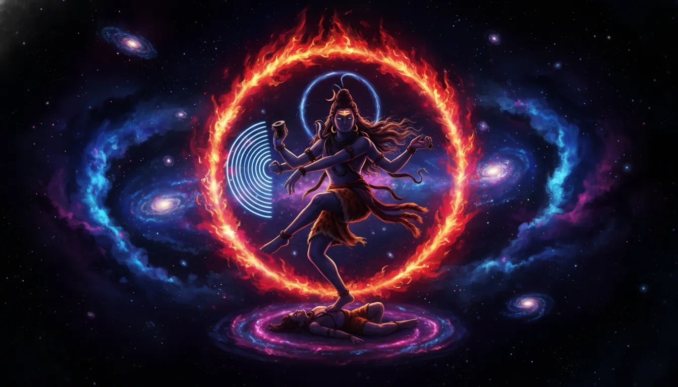 Abstract digital artwork of Lord Shiva performing the divine cosmic dance Tandava.