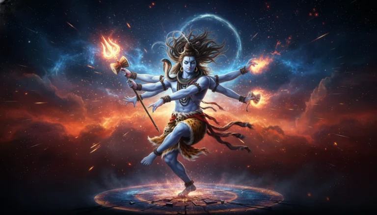 Lord Shiva performing the fierce Tandava dance amidst cosmic energy storms.