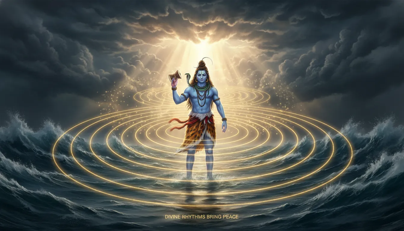 Lord Shiva holding his sacred drum over a stormy ocean with visible sound waves soothing the water