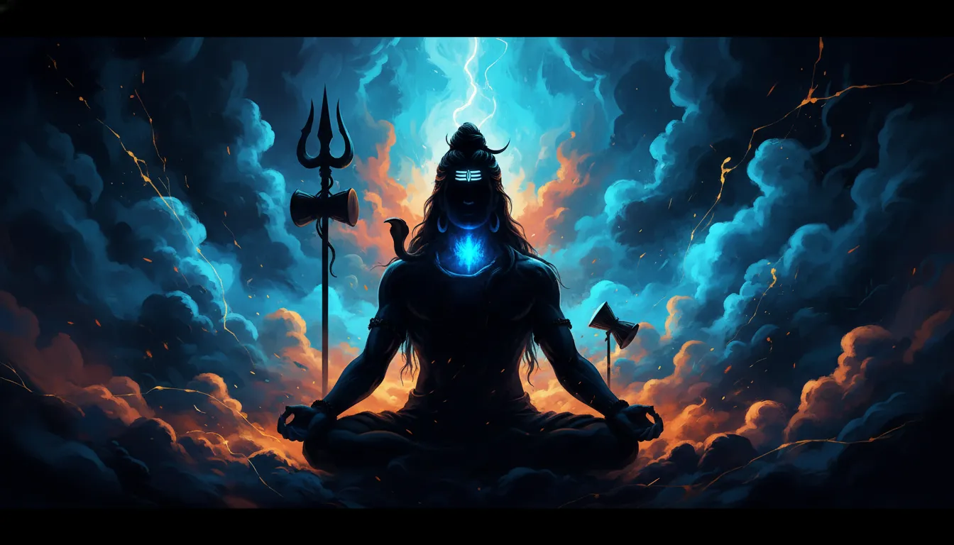 A dark cinematic silhouette of Lord Shiva emerging from blue and orange smoke.