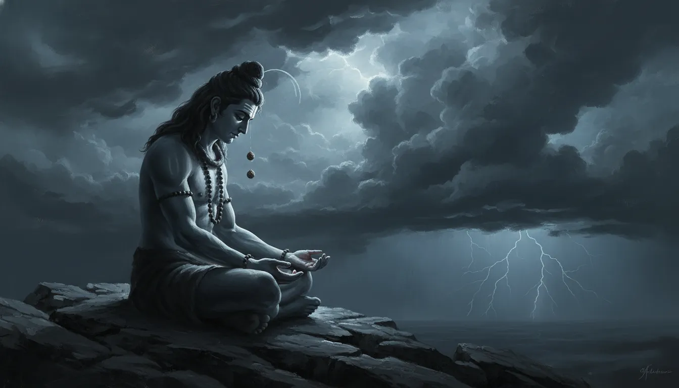 Lord Shiva sitting in deep grief and quiet isolation on an isolated cliff under a stormy sky