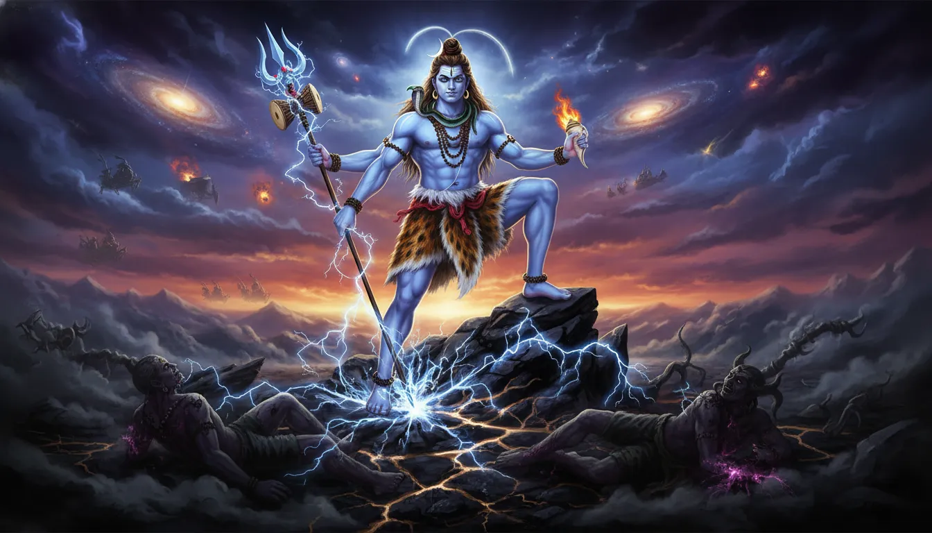 Detailed depiction of Mahadev in a supreme battle pose defeating demons with his trident.