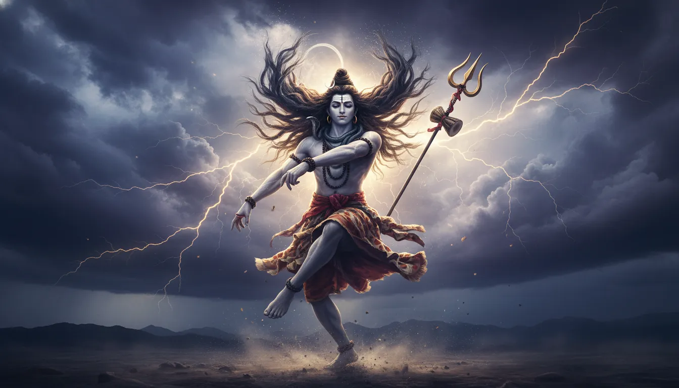 Mahadev dancing fiercely amidst storm clouds and lightning strikes