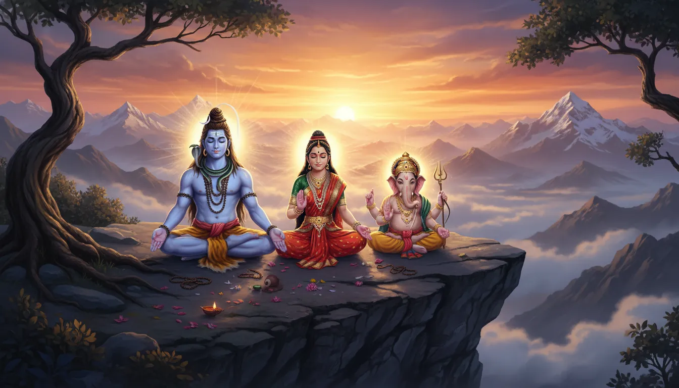 Lord Shiva and family meditating together during a golden Himalayan sunset.