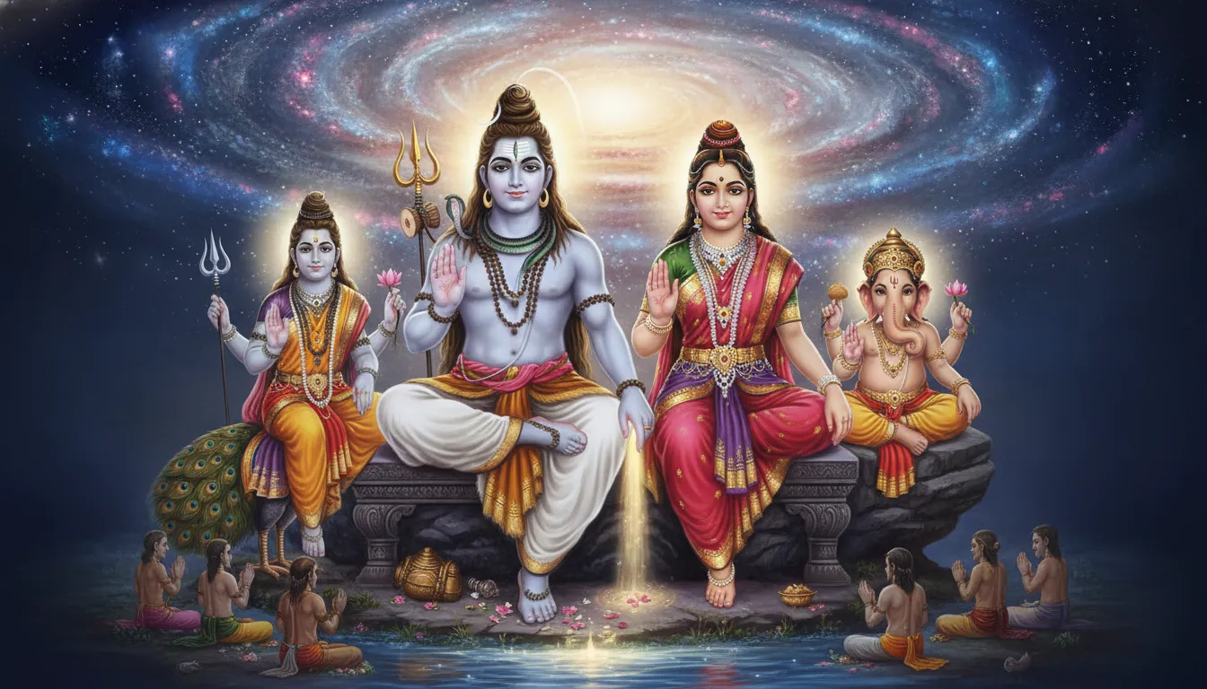 Lord Shiva and family raising their hands in a protective blessing posture.