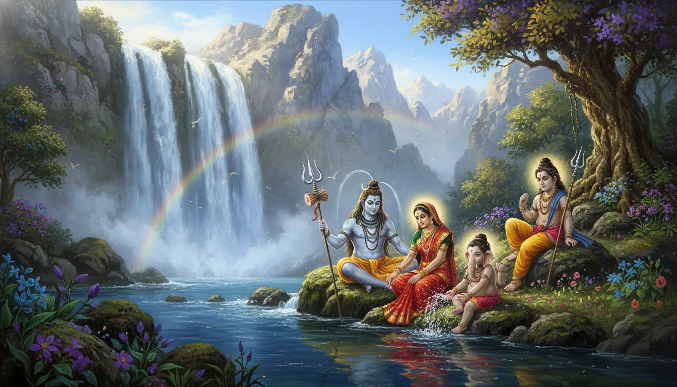 A refreshing Mahadev full family photo set beside a powerful, pristine mountain waterfall flowing into a crystal clear river.