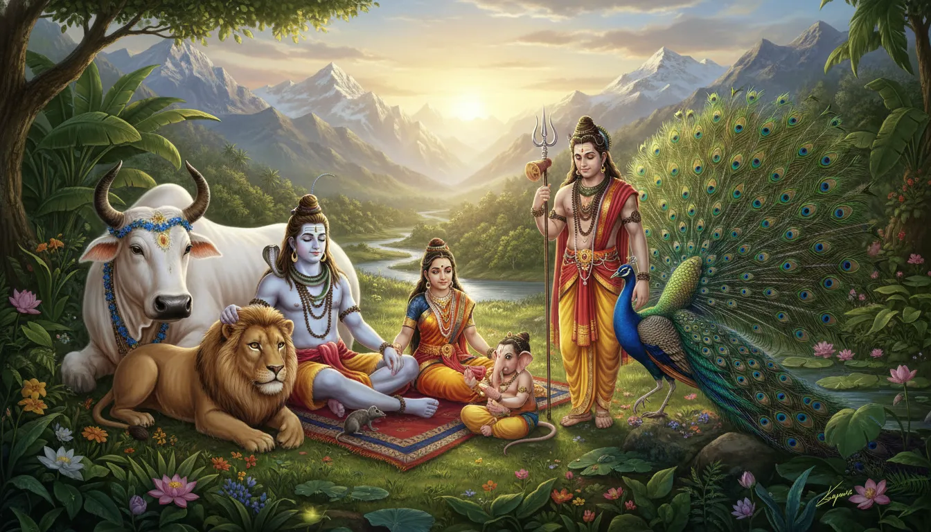 The Mahadev family surrounded by their sacred animal vehicles like Nandi and the peacock.