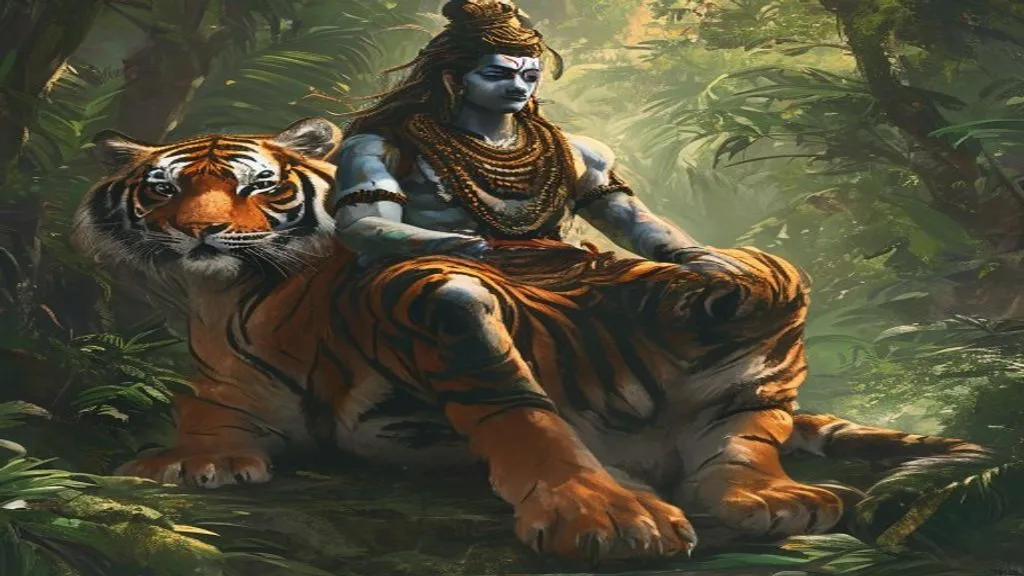 Mahadev fantasy art with tiger swimming across river with Shiva on back