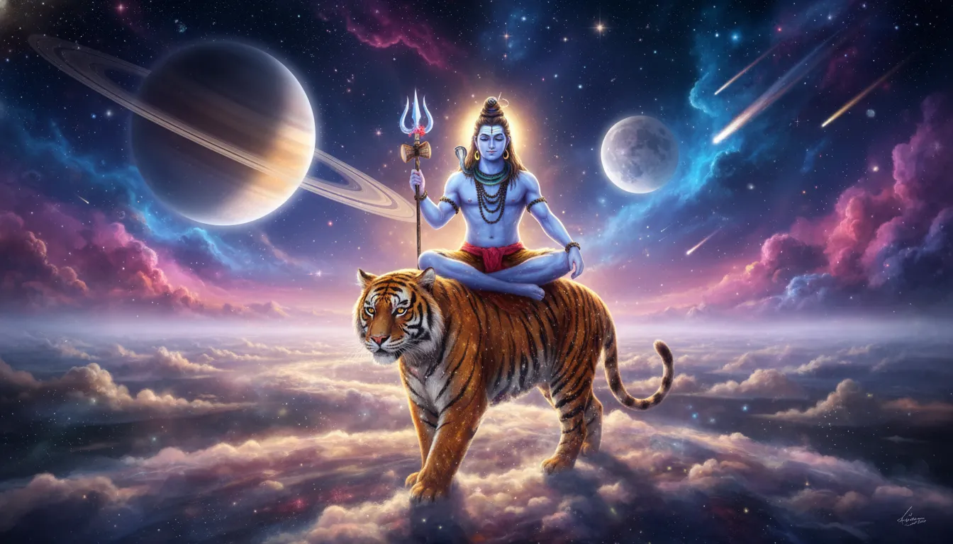 Mahadev fantasy art on tiger with magical celestial sky background