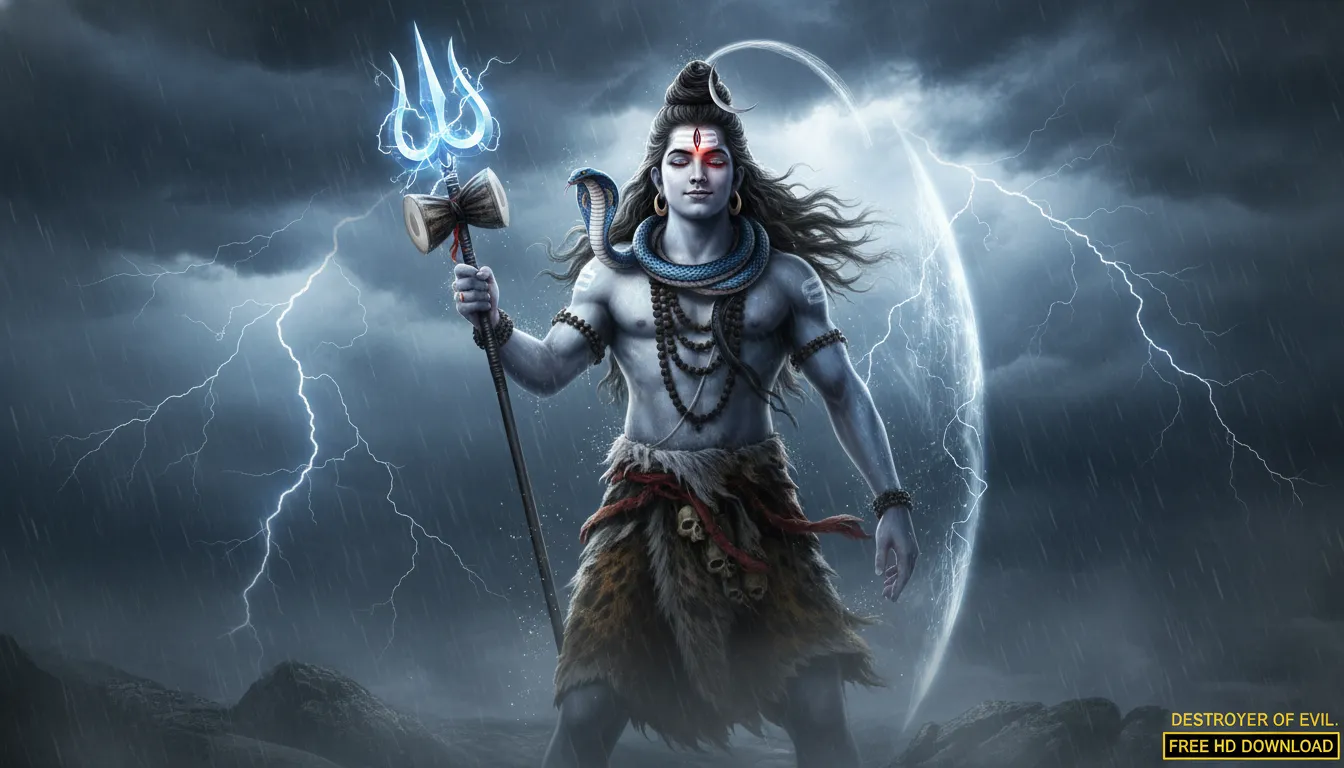 Mahadev fierce pose with trident and serpent, storm clouds and lightning background