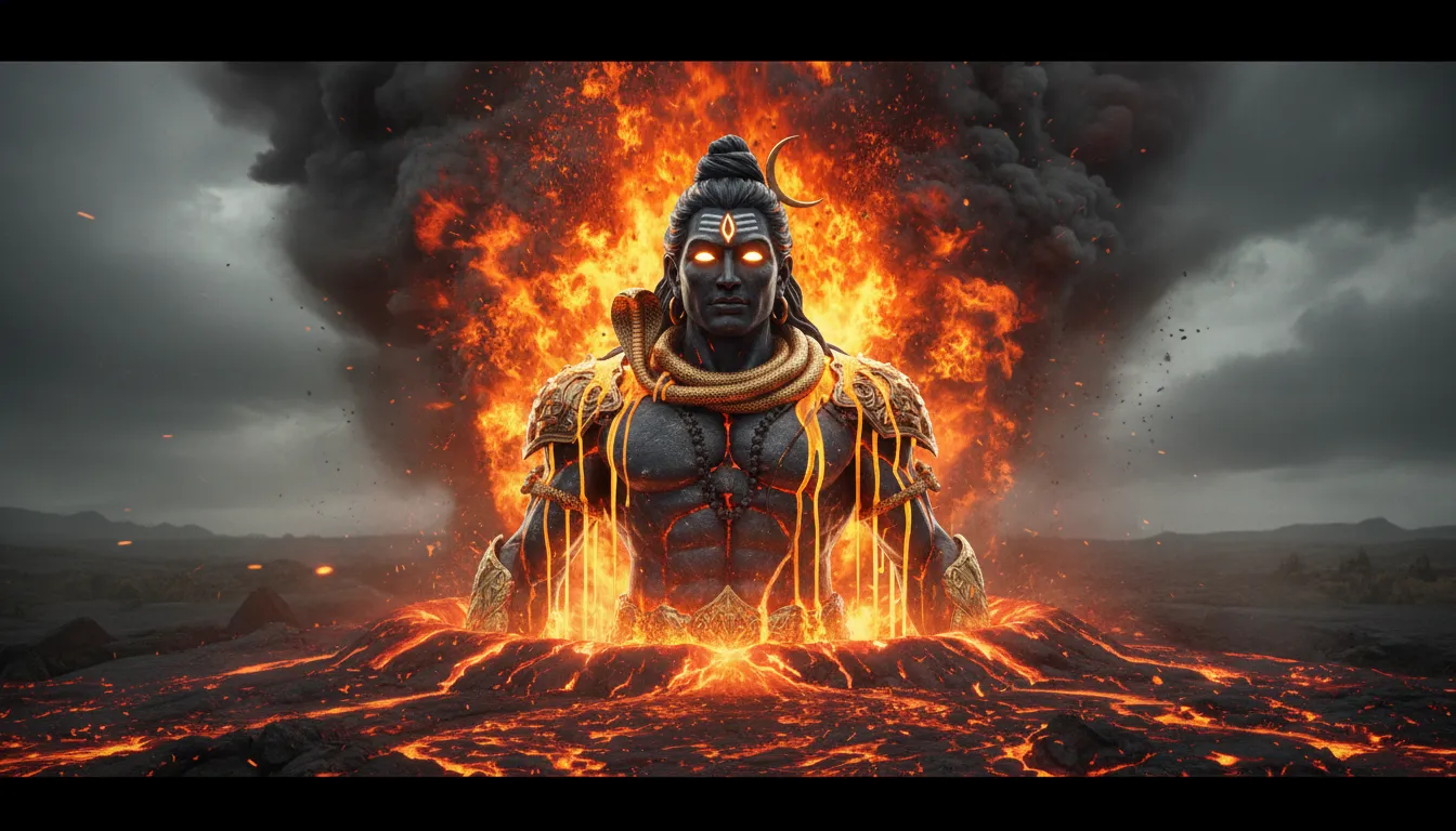 Lord Shiva rising from molten volcanic lava with an intense gaze.
