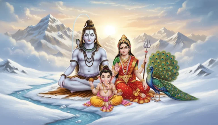 A divine Mahadev full family photo showing Lord Shiva, Mata Parvati, Lord Ganesha, and Lord Kartikeya sitting together on the snow-covered peaks of Mount Kailash.