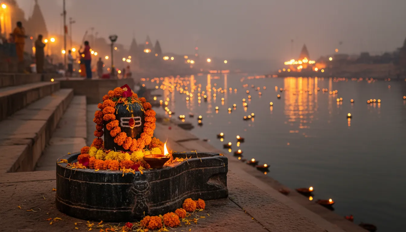 Varanasi Ganga Aarti ghat background with glowing oil lamps and Shivling for photo editing.