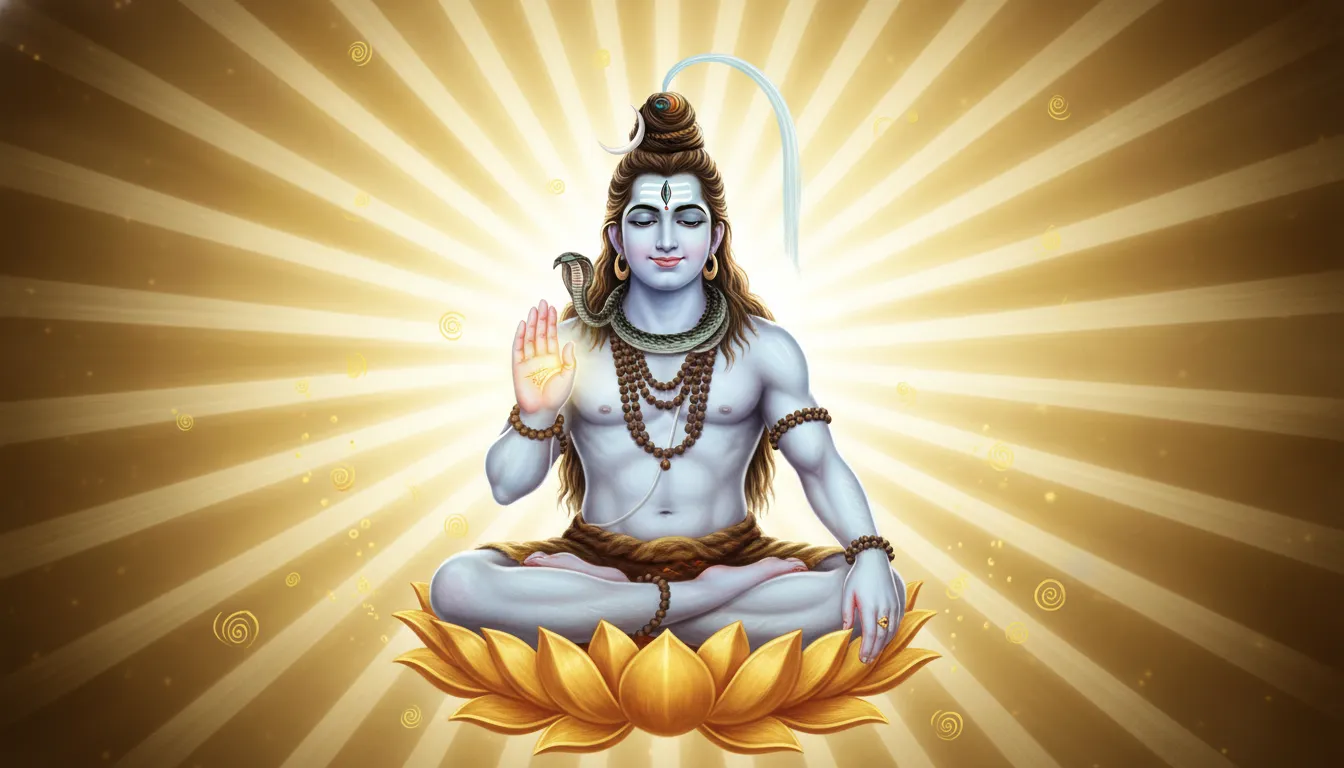 Lord Shiva sitting gracefully and raising his hand in the Abhaya Mudra blessing gesture.