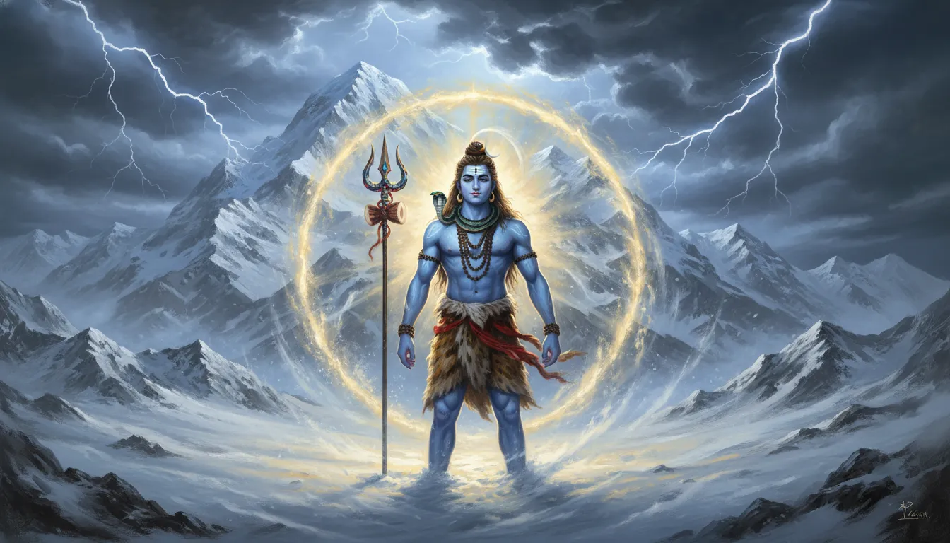 Lord Shiva standing on Mount Kailash during a terrifying blizzard and thunderstorm.