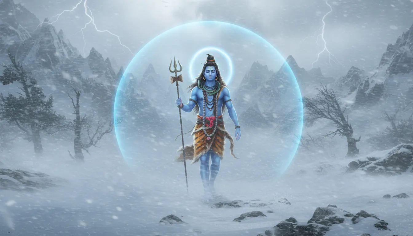 Mahadev walking calmly through a fierce snowstorm, protected by his divine blue aura.