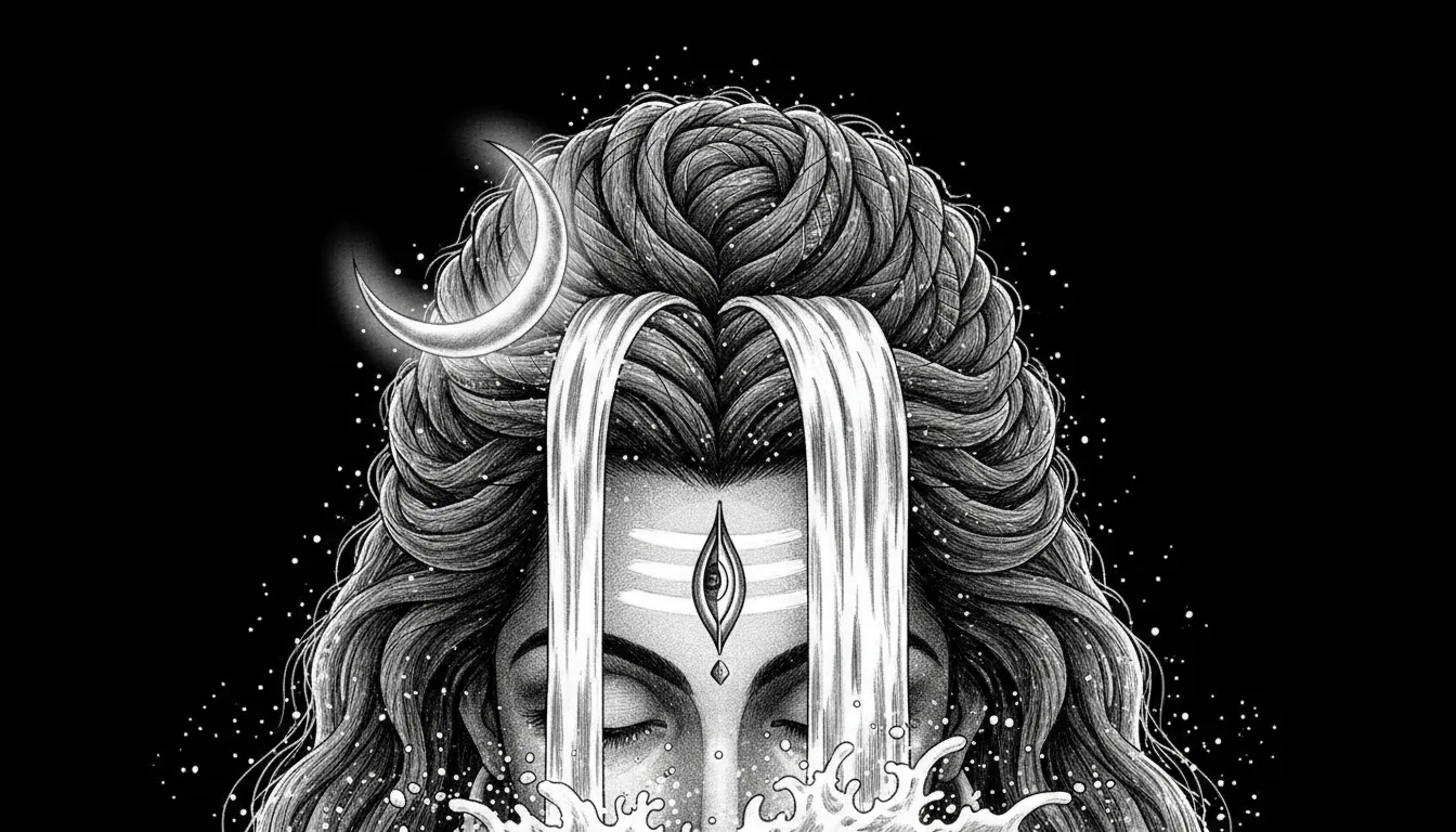 Close up portrait of Lord Shiva hair locks jata with crescent moon and ganga river flowing black and white