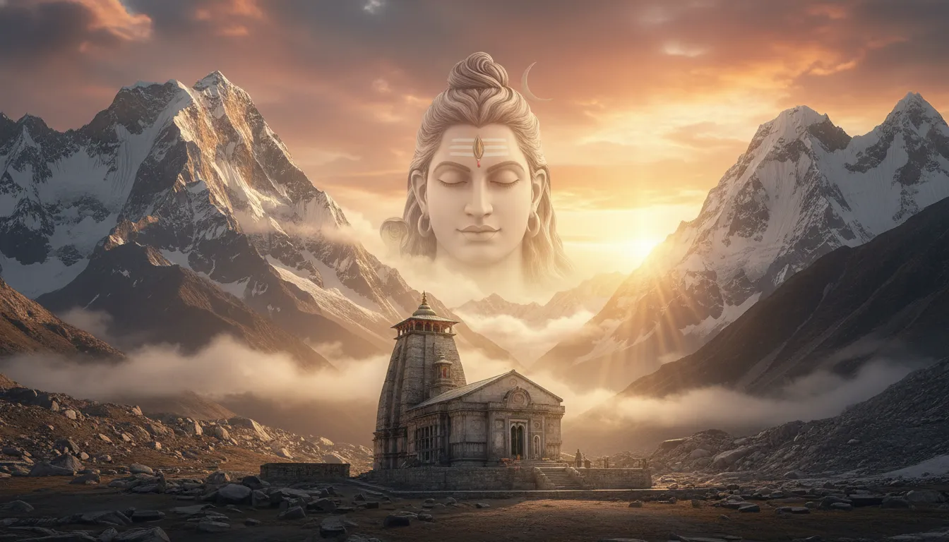 Majestic Kedarnath temple surrounded by snow and mountains with Mahadev face shadow background.