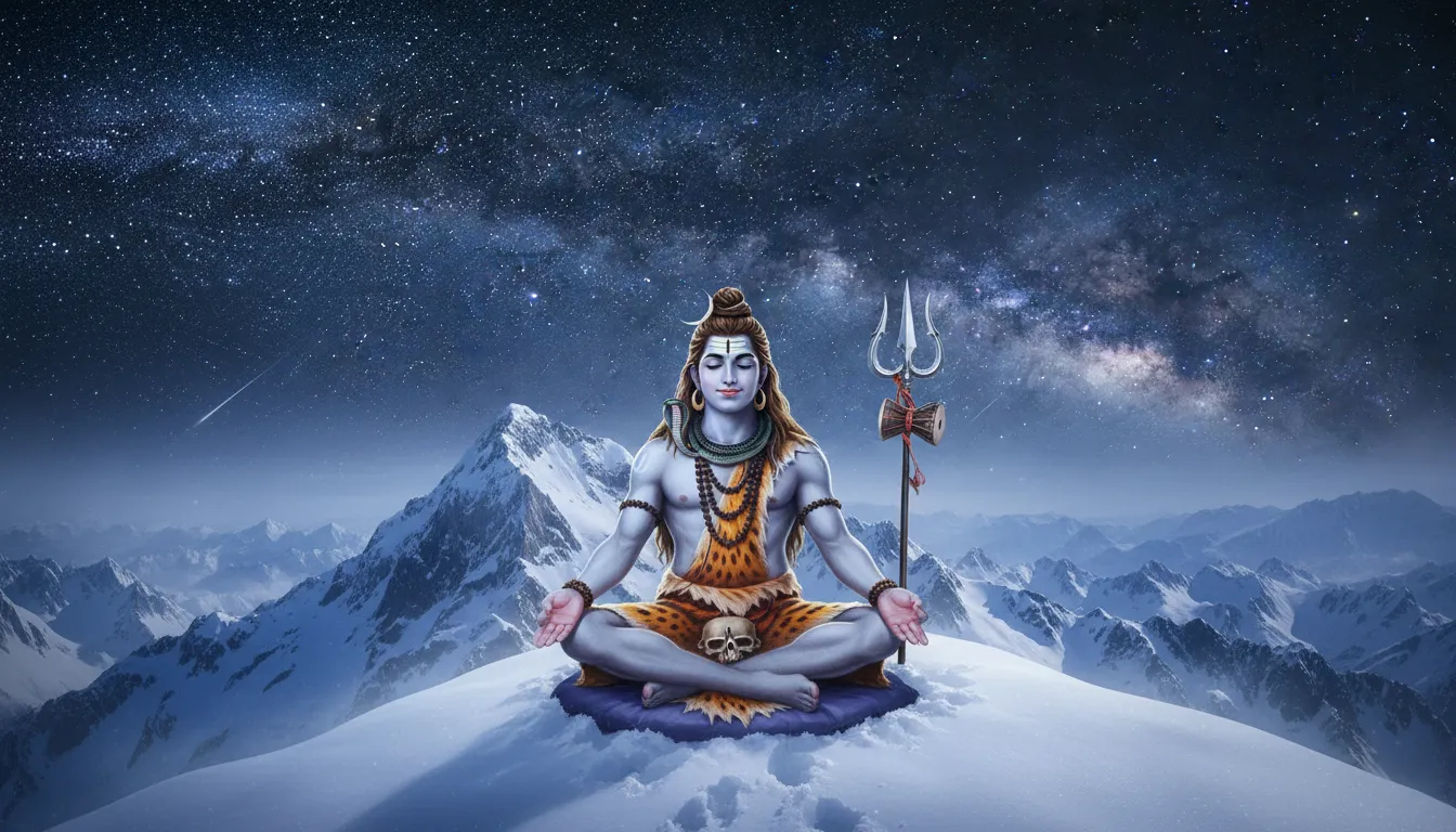 Mahadev Lord Shiva meditating in Himalayas with trishul under starry sky