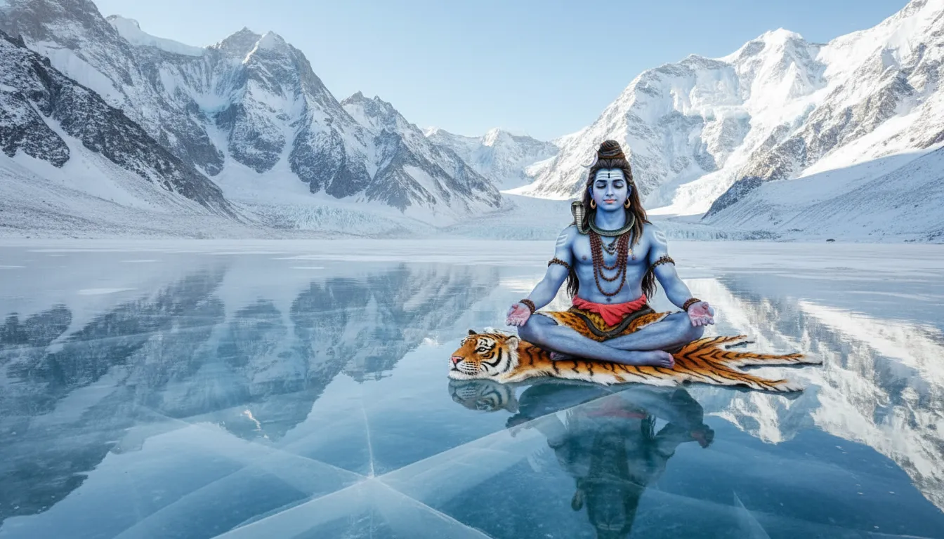 Lord Mahadev meditating near a frozen lake surrounded by high Himalayan mountains