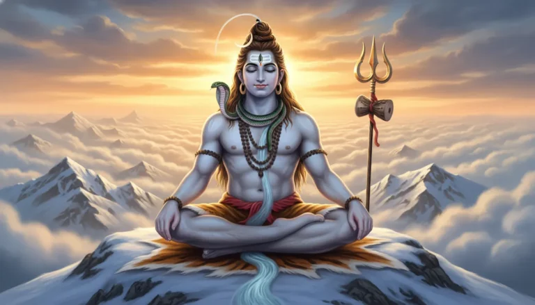 Lord Shiva meditating peacefully in the snow-covered Himalayan mountains status photo.