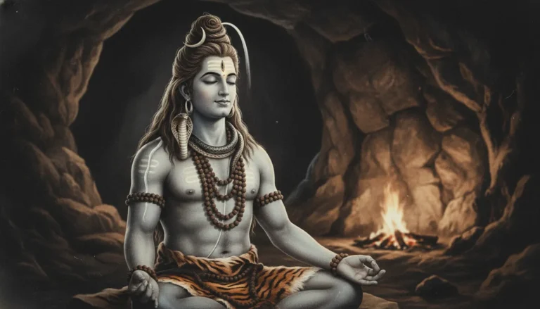 Vintage style Mahadev old photo meditating in a rocky Himalayan cave with a glowing third eye.