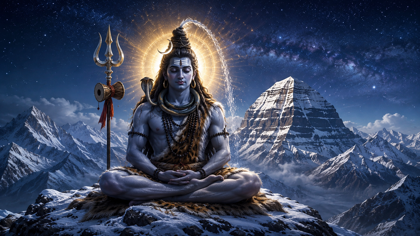 Lord Shiva meditating peacefully on Mount Kailash with a glowing aura mahadev dp photo