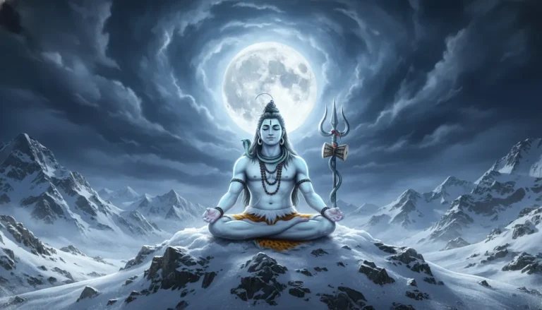 Lord Shiva meditating on a snowy Himalayan mountain peak with a glowing blue aura photo editing background HD.