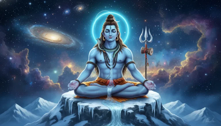 Lord Shiva meditating peacefully on the snow-covered peaks of Mount Kailash with a cosmic background.