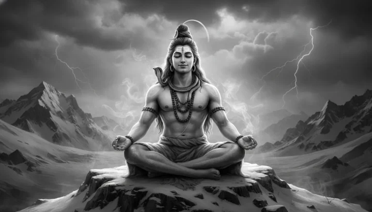Lord Shiva sitting in deep meditation on Mount Kailash high contrast black and white photo