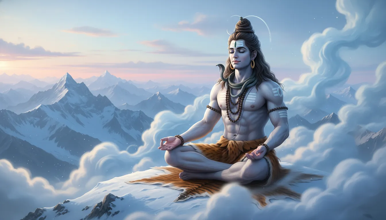 Lord Shiva sitting in meditation on a snowy peak of Mount Kailash surrounded by clouds.