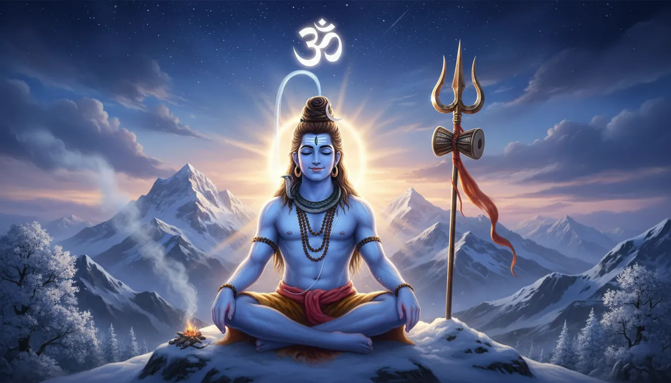 Mahadev meditation image with trishul and glowing aura in the mountains