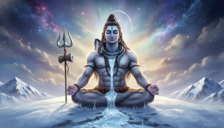 Lord Shiva meditating on Mount Kailash with divine light background