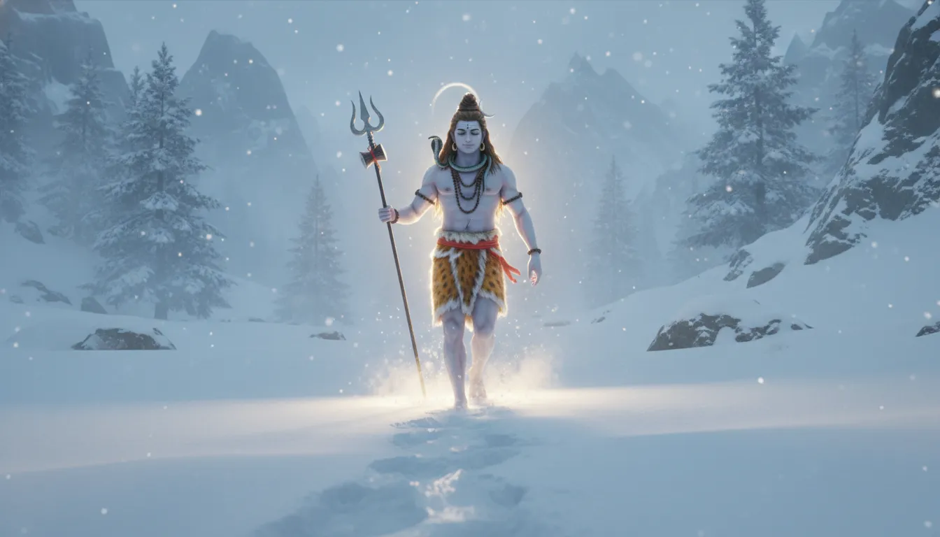 Lord Mahadev in a peaceful meditative walk through thick Himalayan snow with divine light.