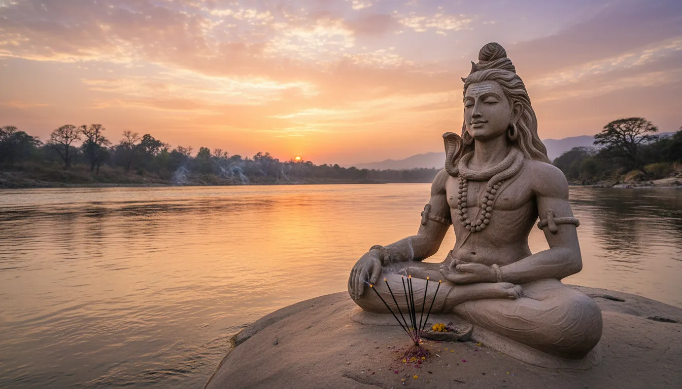 Beautiful sandstone Mahadev murti sitting on the edge of a calm river bank during a vivid orange sunset