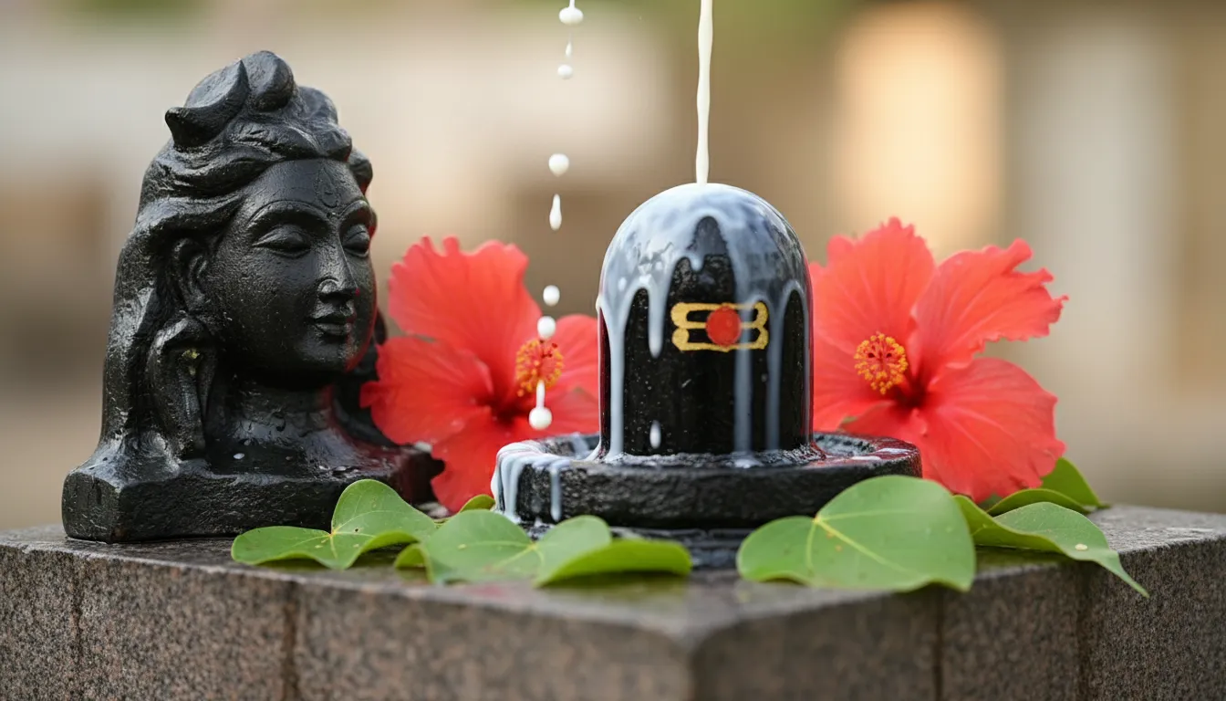 Sacred Mahadev murti alongside a stone Shivling being ritually bathed with pure milk and fresh bel leaves
