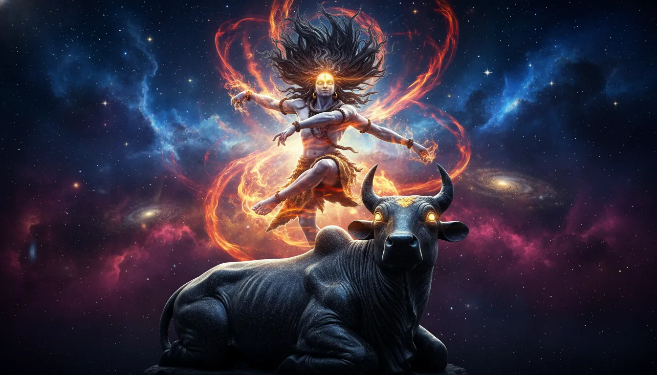 Lord Shiva performing Tandava dance while Nandi watches in awe.