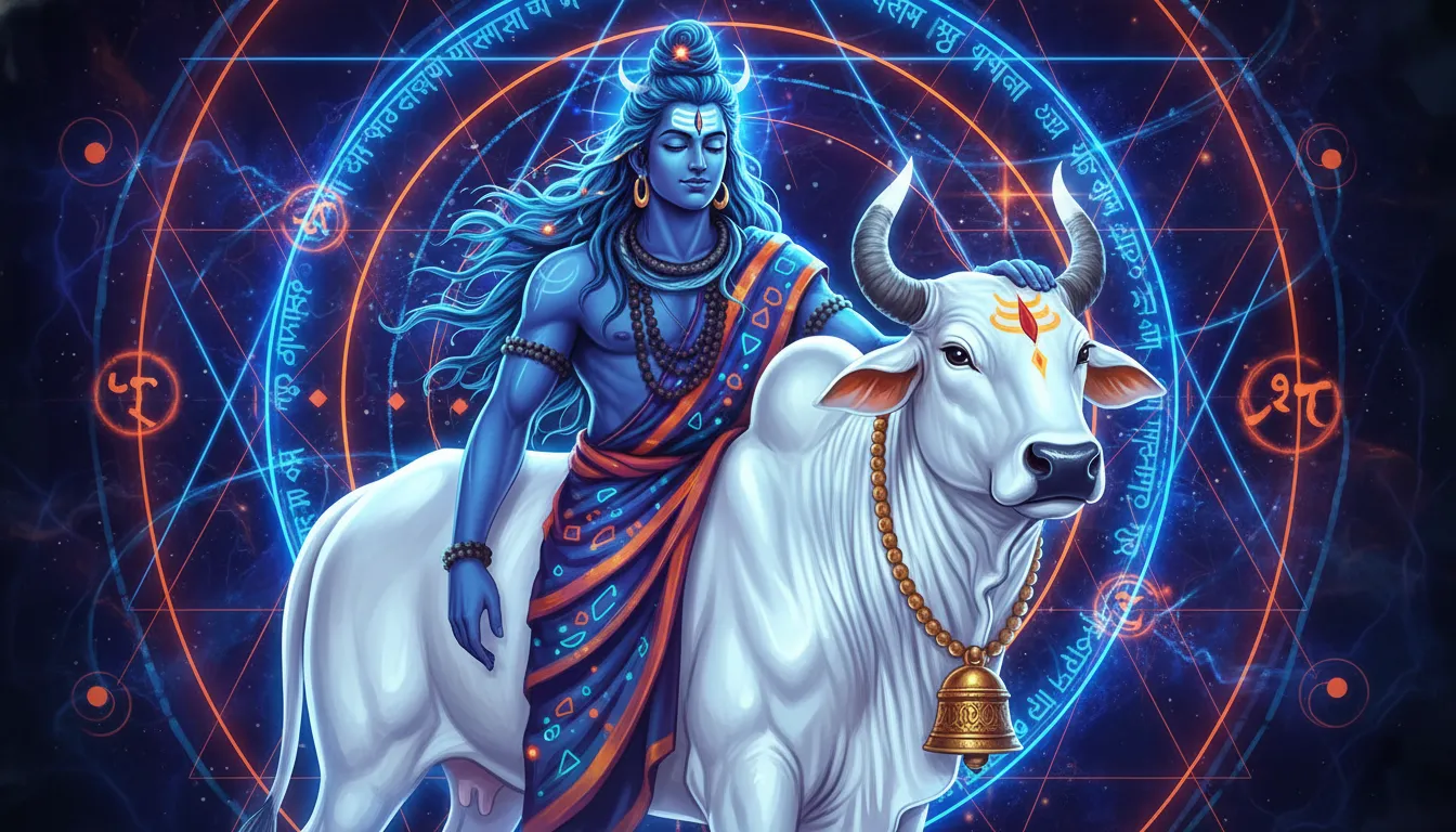 Modern spiritual digital painting of Lord Shiva leaning against a giant white Nandi.