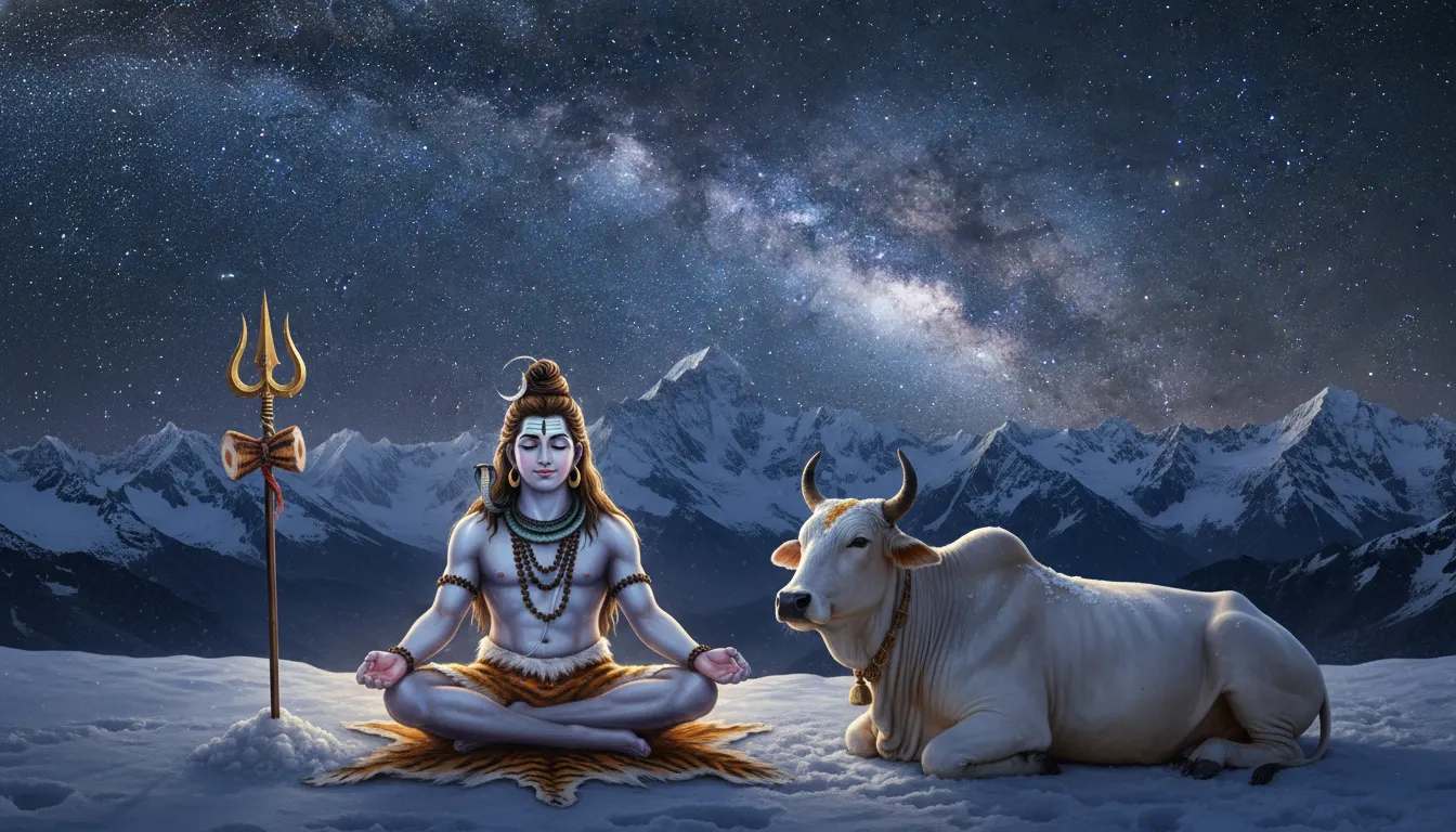 Lord Shiva meditating on Mount Kailash with Nandi sitting peacefully by his side.