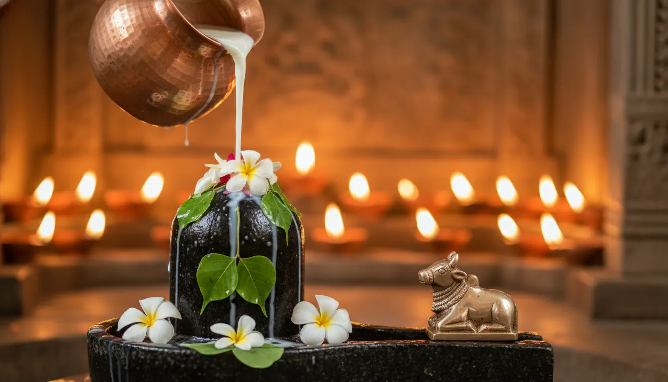 Nandi watching a traditional water offering ritual on a sacred Shivling.