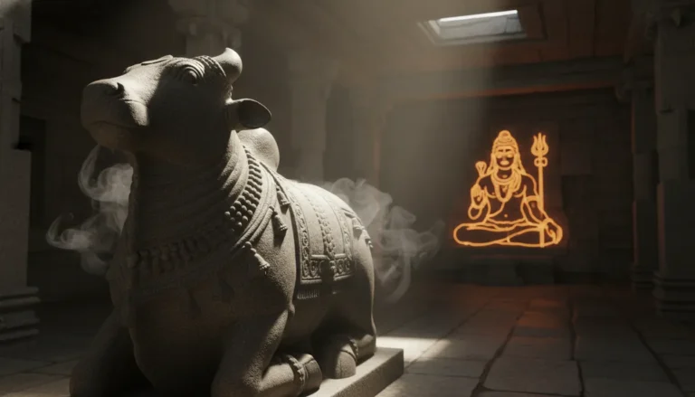 Majestic stone sculpture of Nandi looking towards a glowing Mahadev in an ancient temple.