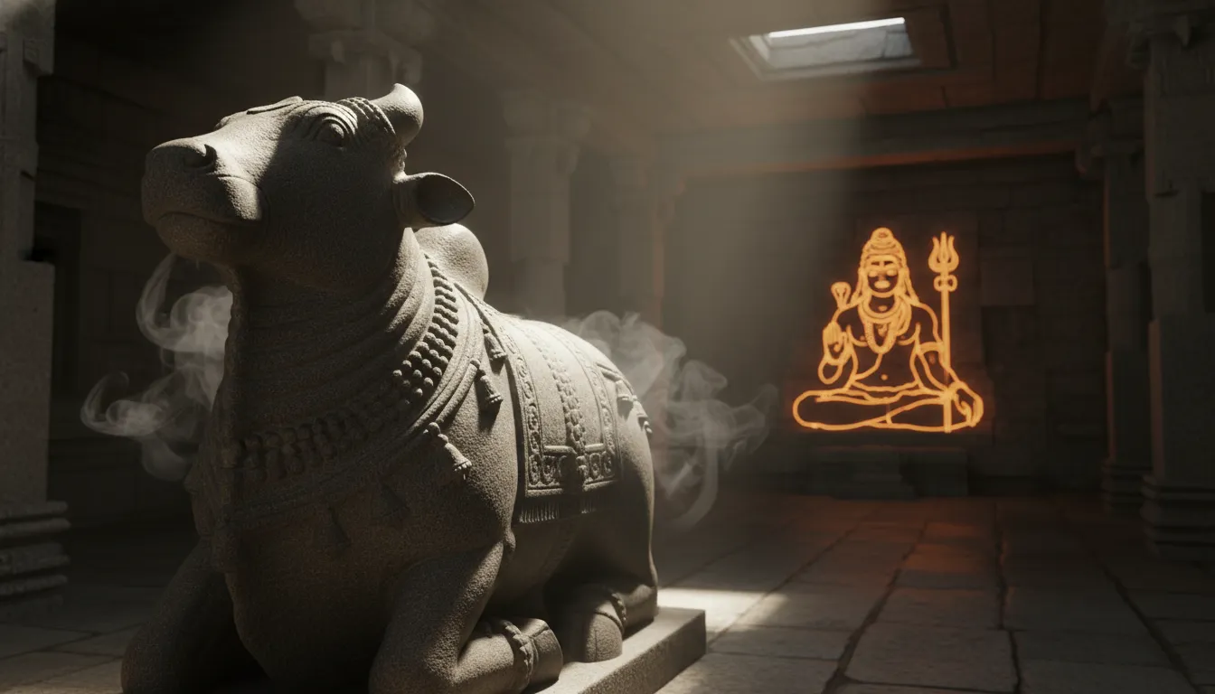 Majestic stone sculpture of Nandi looking towards a glowing Mahadev in an ancient temple.