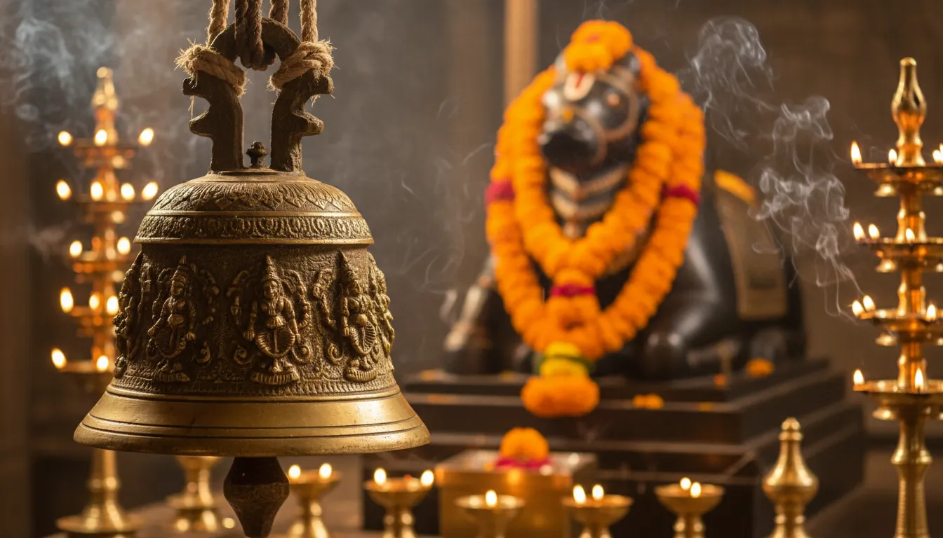A golden temple bell hanging above a beautifully decorated Nandi idol.
