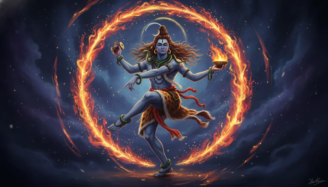 Lord Shiva performing the cosmic Tandava dance surrounded by a ring of divine fire.