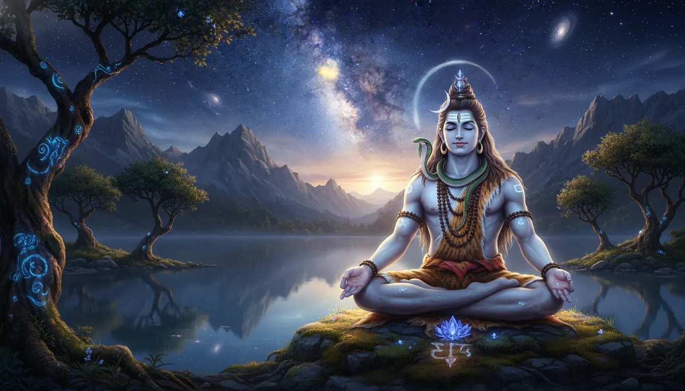 Lord Shiva in a nature-inspired wallpaper with lake, trees, mountains, and night sky.