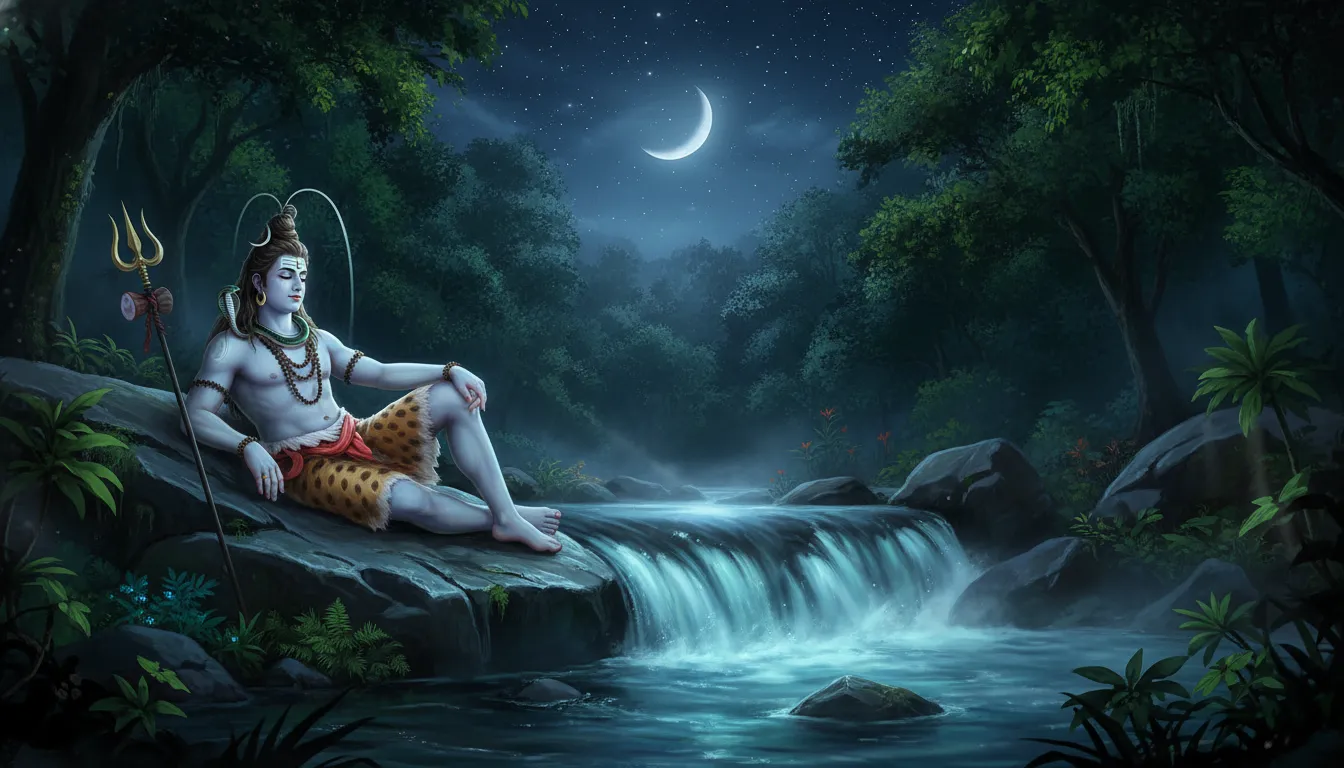 Shiva sitting on a rock near a glowing hidden forest waterfall under a starry night sky